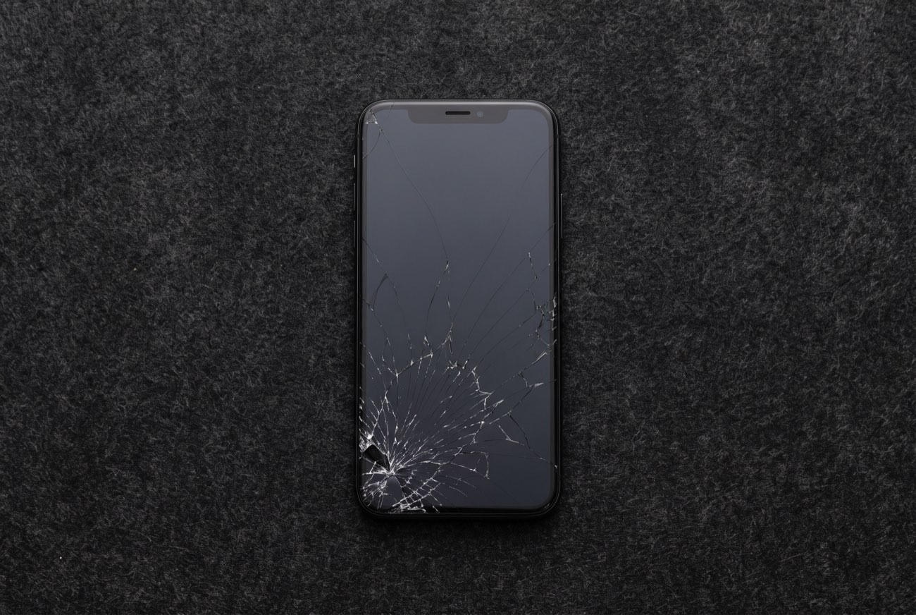 A phone with its screen badly shattered, cracks spreading from one corner.