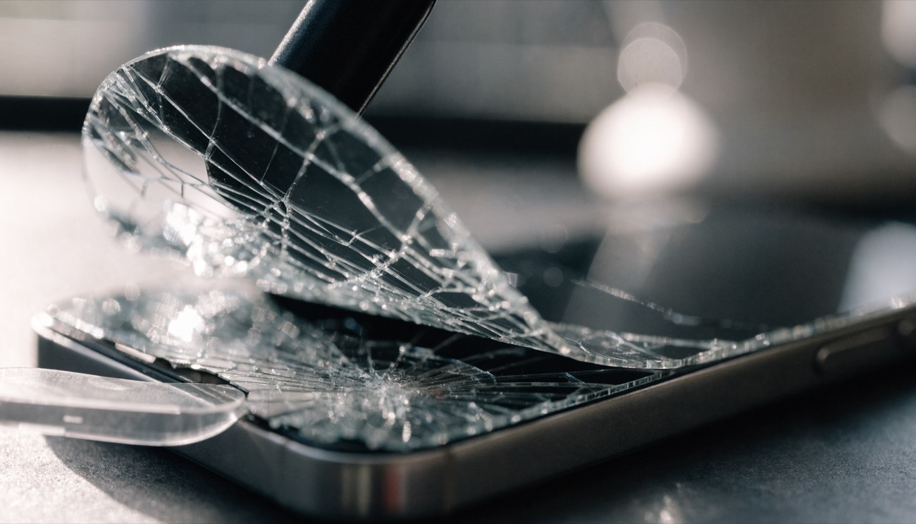 A shattered phone screen, the cracked glass lifting away from the body of the phone.