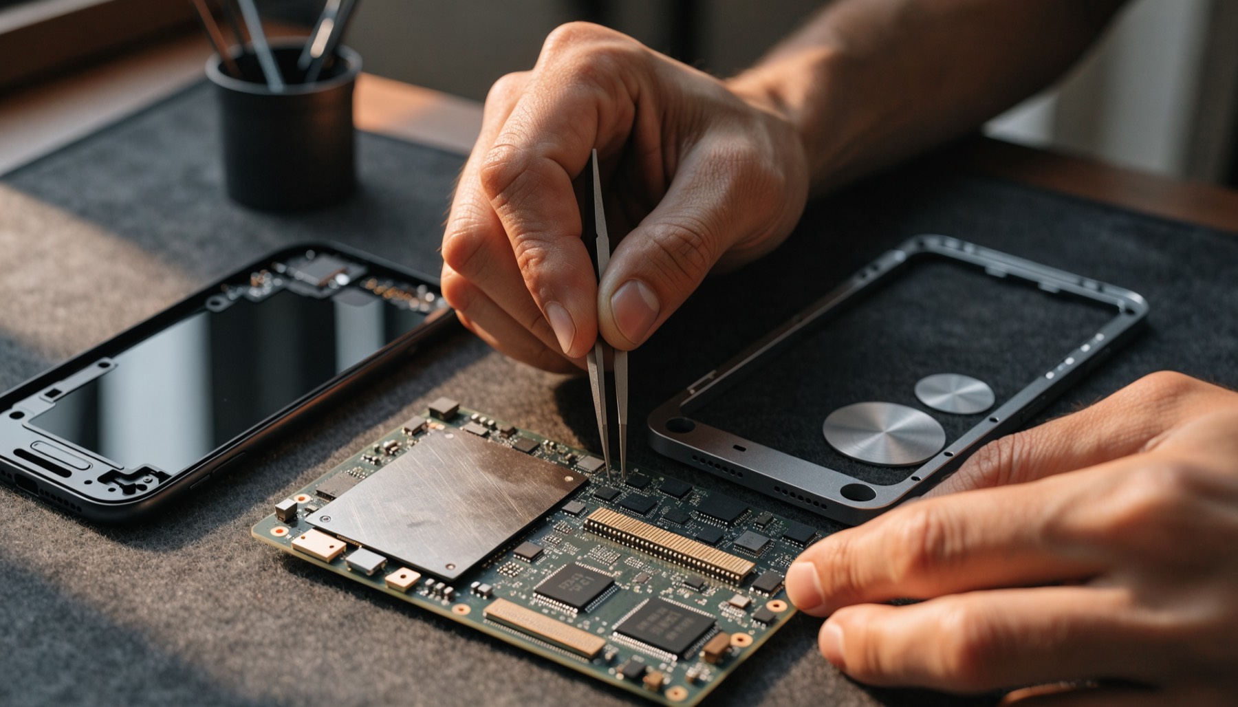 A technician working on a phone logic board with precision tweezers, the display and frame laid out on the bench beside it.